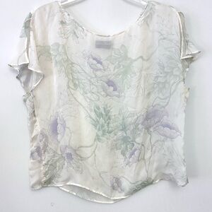 GIORIO ARMANI Cream Sheer Silk Cropped Floral Blouse, Flutter Short Sleeve